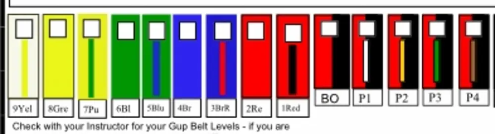 GMA belt ranking chart showing all Gup levels and probationary Dan levels