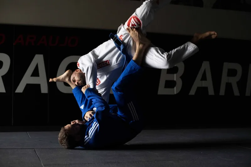 Mixed martial arts grappling during competition, showing the ground fighting techniques Royce Gracie made famous in the UFC