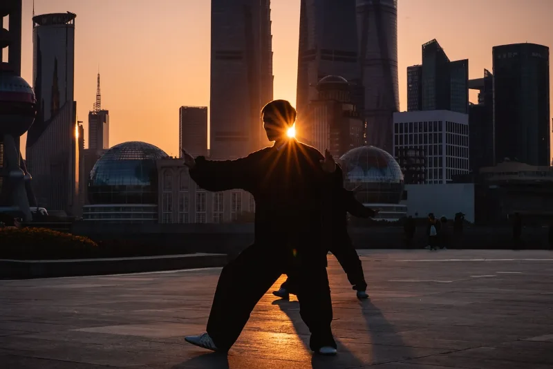 Tai chi practitioner performing Yang style form at sunset with city skyline