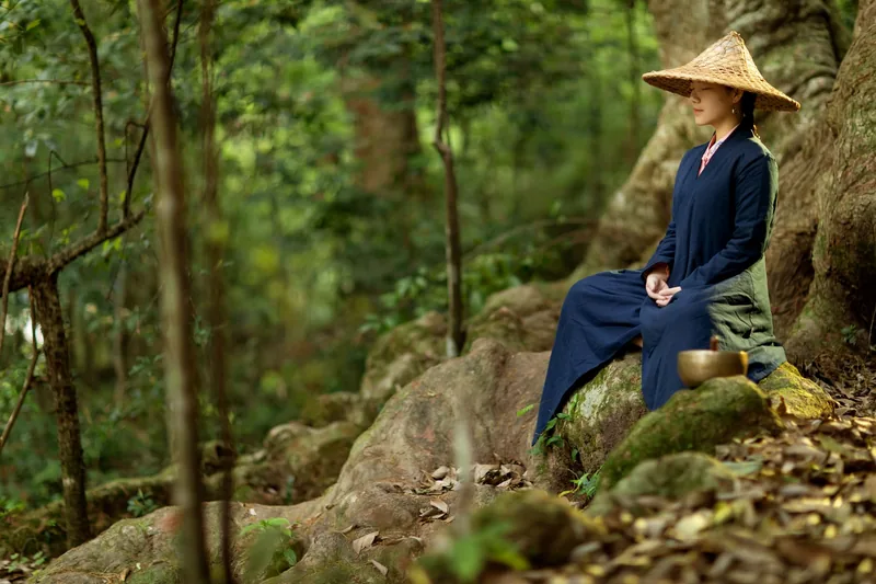 Practitioner coordinating breath with mindful tai chi meditation in nature