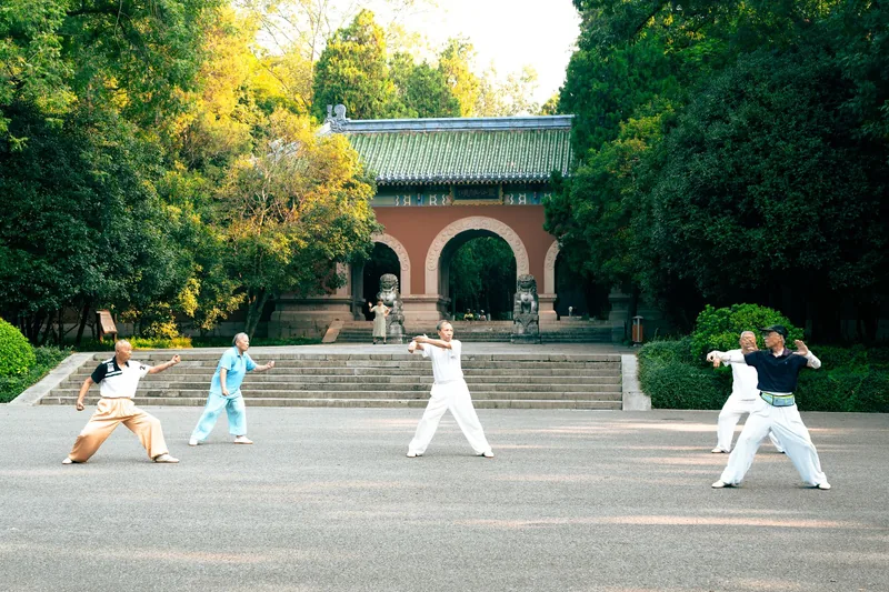 Group practicing tai chi outside a traditional Chinese temple, where Chen style tai chi originated
