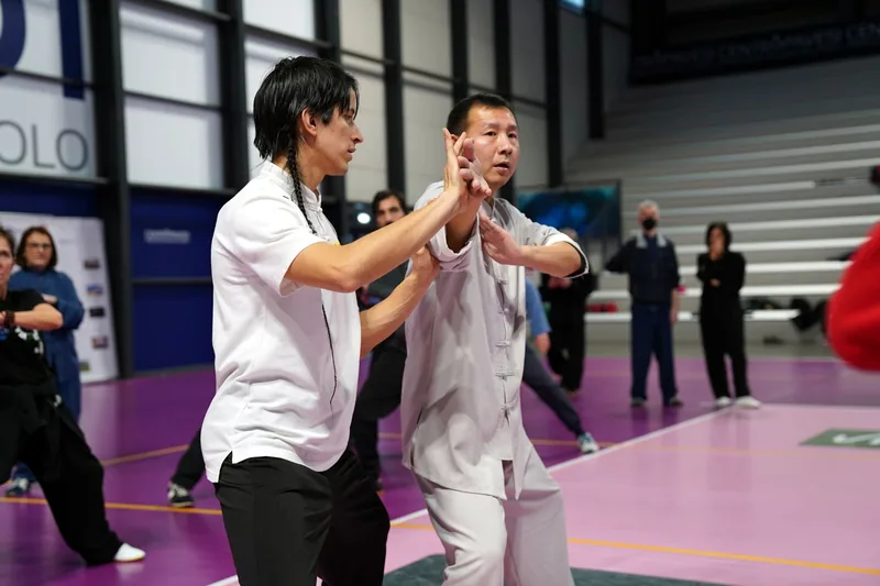 Two Chinese martial arts students training arm-to-arm bridge contact — the skill Chum Kiu develops