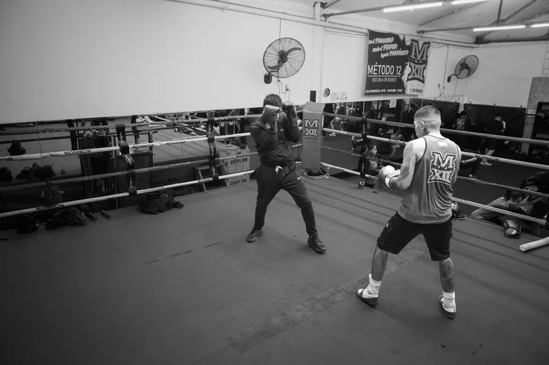 Boxers drilling punches in a gym, illustrating how boxing differs from MMA and karate