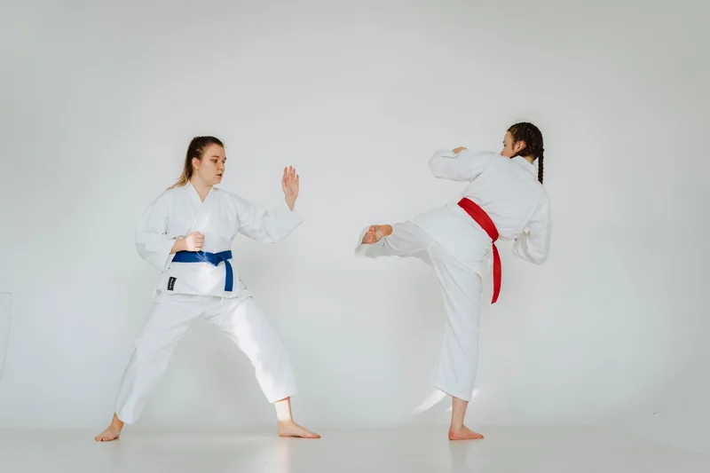 Two students practicing karate strikes in a traditional martial arts class