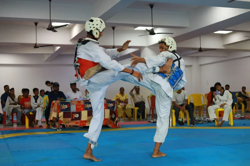 TaeKwonDo sparring match with chest protectors and head gear — striking vs grappling in TaeKwonDo vs BJJ